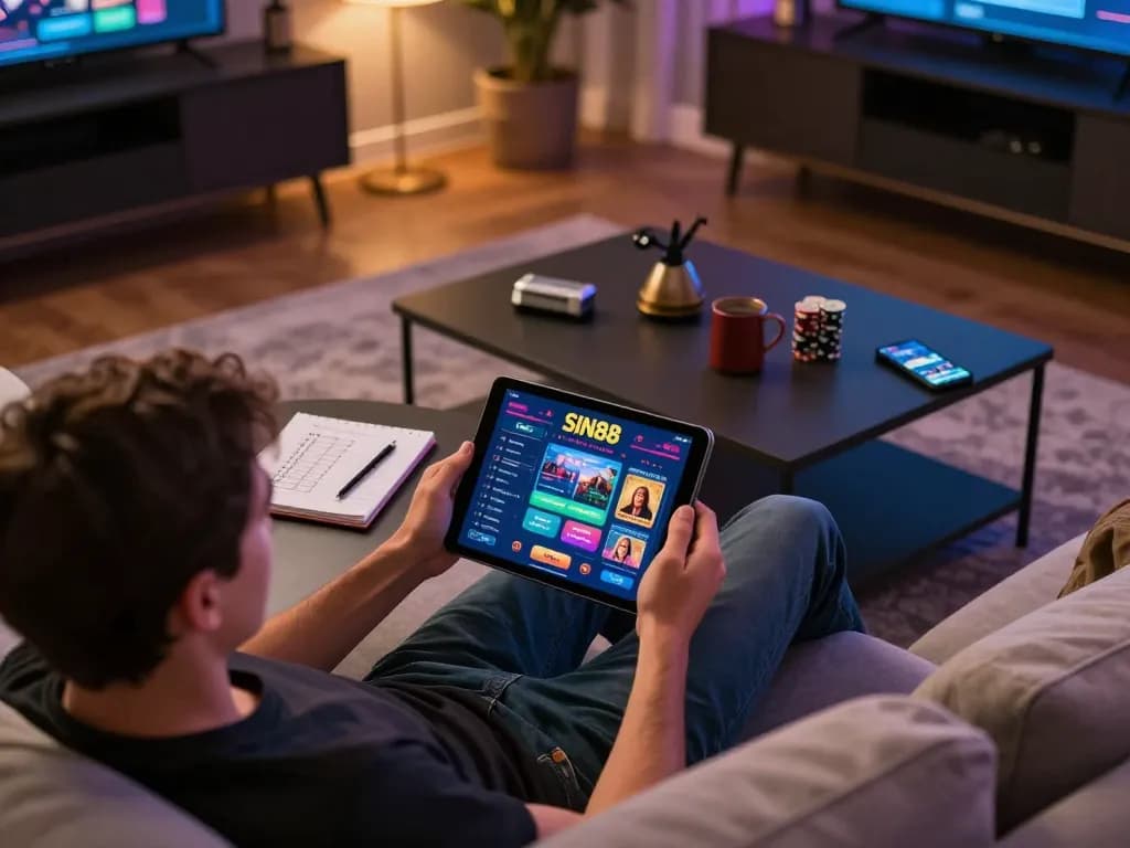 Engaging scene of online gaming with sin88 displayed on a tablet, showcasing a cozy home setting.