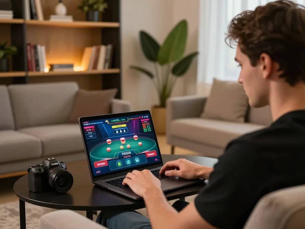 Engaging online gaming experience at TRANG CHỦ LUCK8 with poker game displayed on laptop