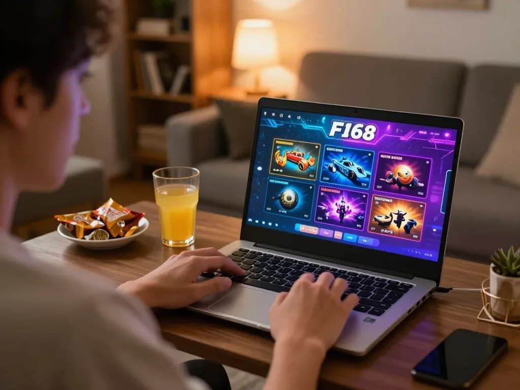 Player exploring f168 online casino games on a laptop in a cozy home setting