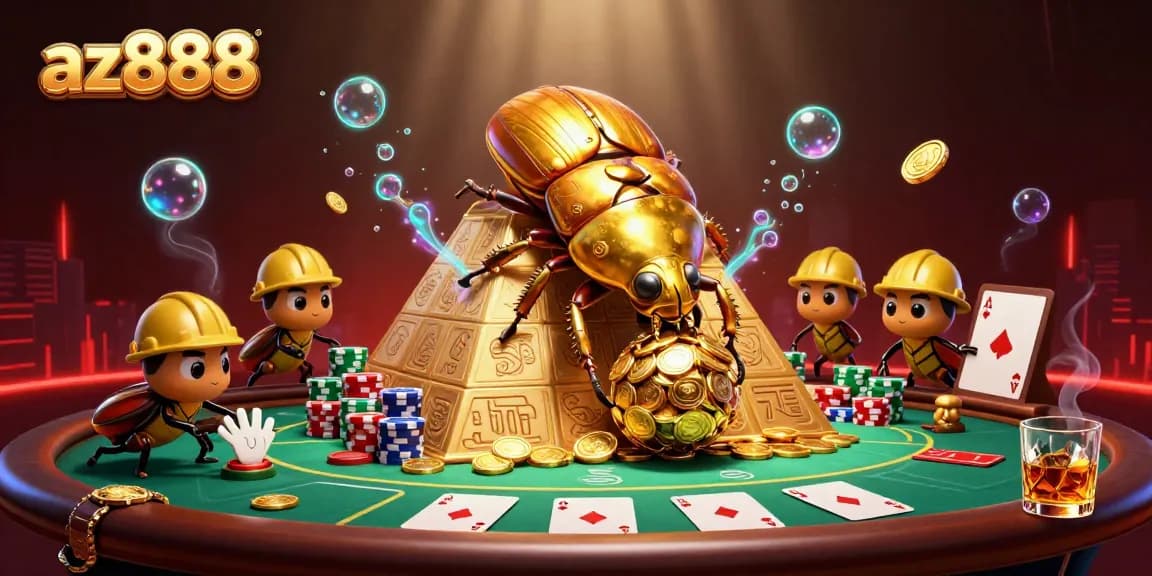 Experience the excitement of az888's online gaming with vibrant casino elements and a golden beetle theme.