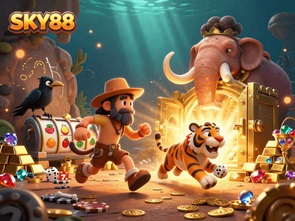 Experience thrilling gameplay with SKY88 at a vibrant prehistoric casino featuring animated characters.