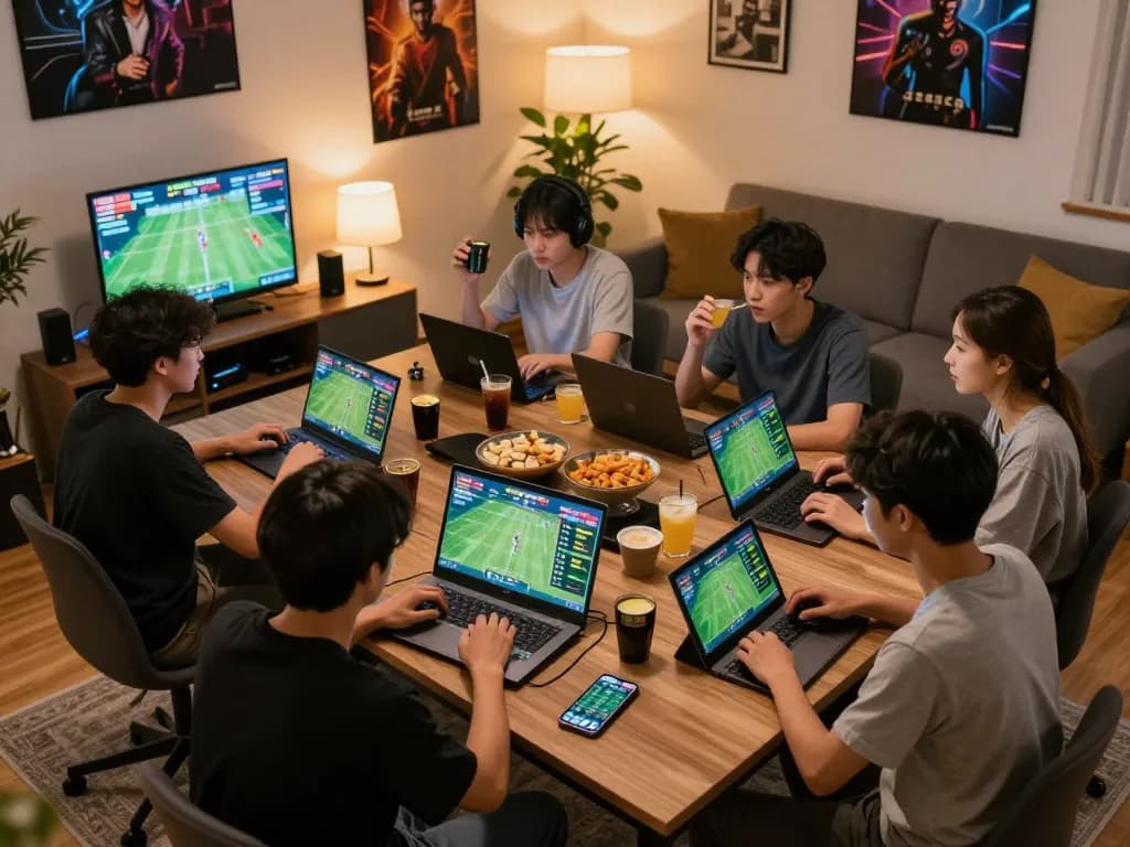 Friends enjoying online sports betting, analyzing ty le keo nha cai on multiple screens in cozy home setting.