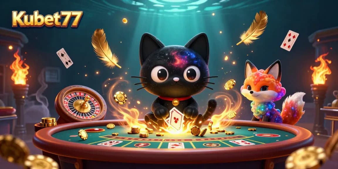 Kubet77 showcases a captivating cosmic casino scene with dynamic characters and vibrant gaming elements.