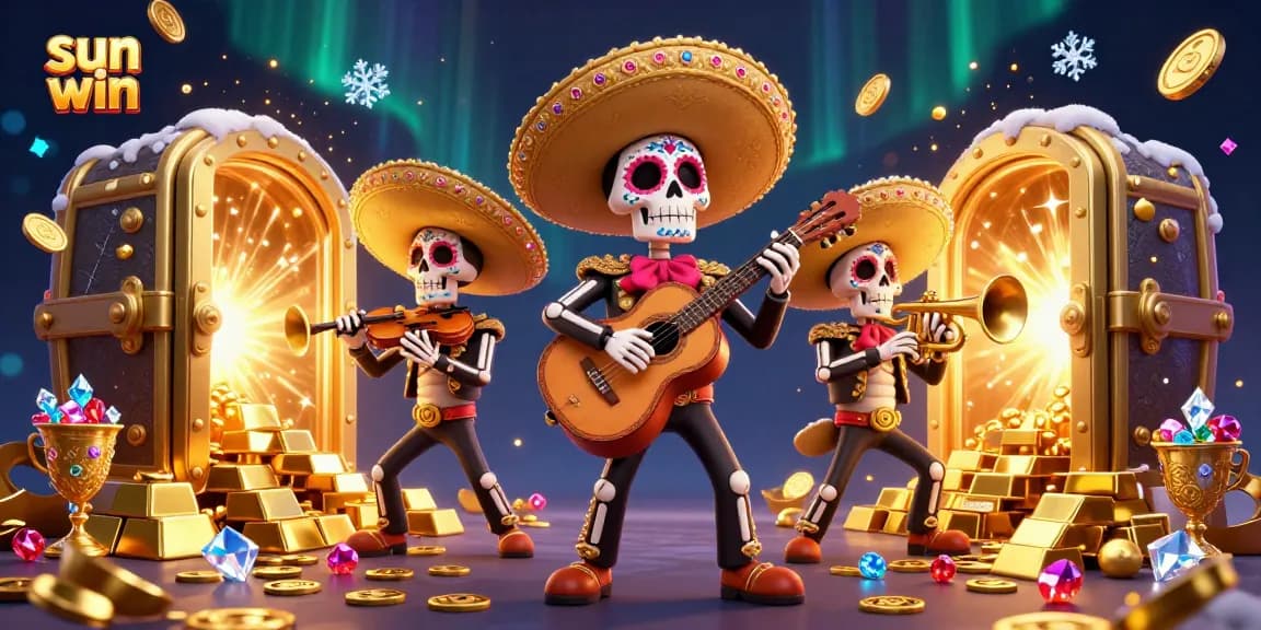 Experience winning moments with sun win in this vibrant 3D illustration of a mariachi band.