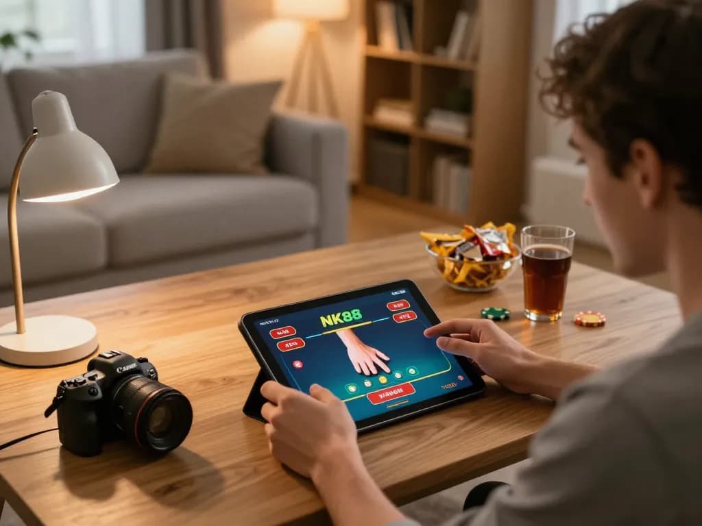 Engaging NK88 online casino gaming scene with a user playing poker on a tablet.