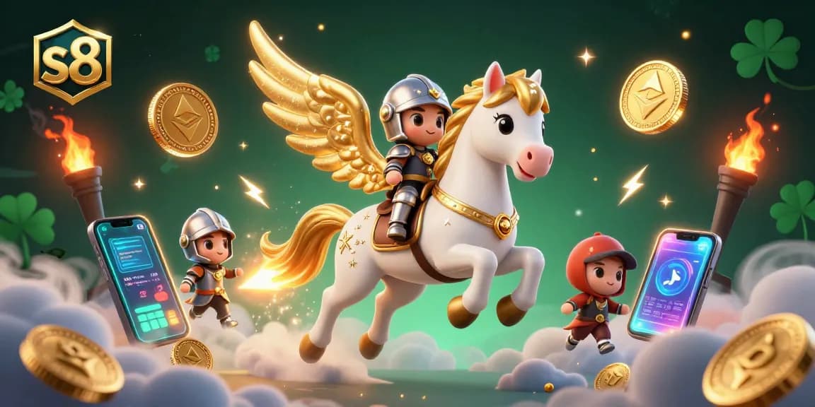 Experience excitement at S8 with the celestial knight amidst crypto coins and vibrant game elements.