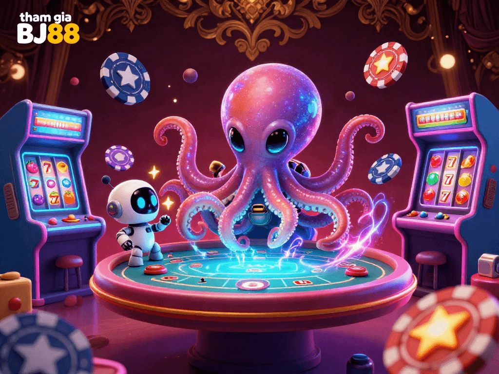 Join the excitement of tham gia BJ88 at a vibrant alien casino with a holographic poker table.