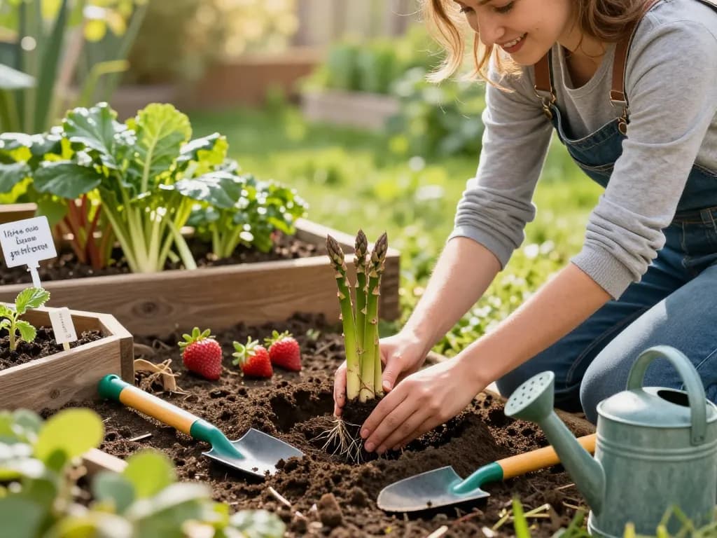 Gardener planting spargelpflanze seedlings in rich soil for a thriving spring garden.