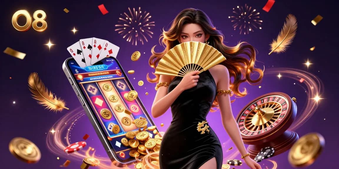 Engage with O8's luxurious gaming experience through a vibrant scene showcasing a captivating Asian dealer and slot game elements.