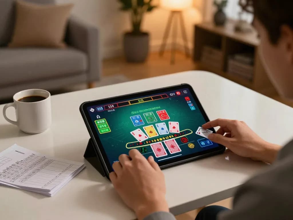 Người chơi LUCK8 tham gia vào một trò chơi blackjack trực tiếp trên máy tính bảng, thể hiện trải nghiệm chơi cân bằng.