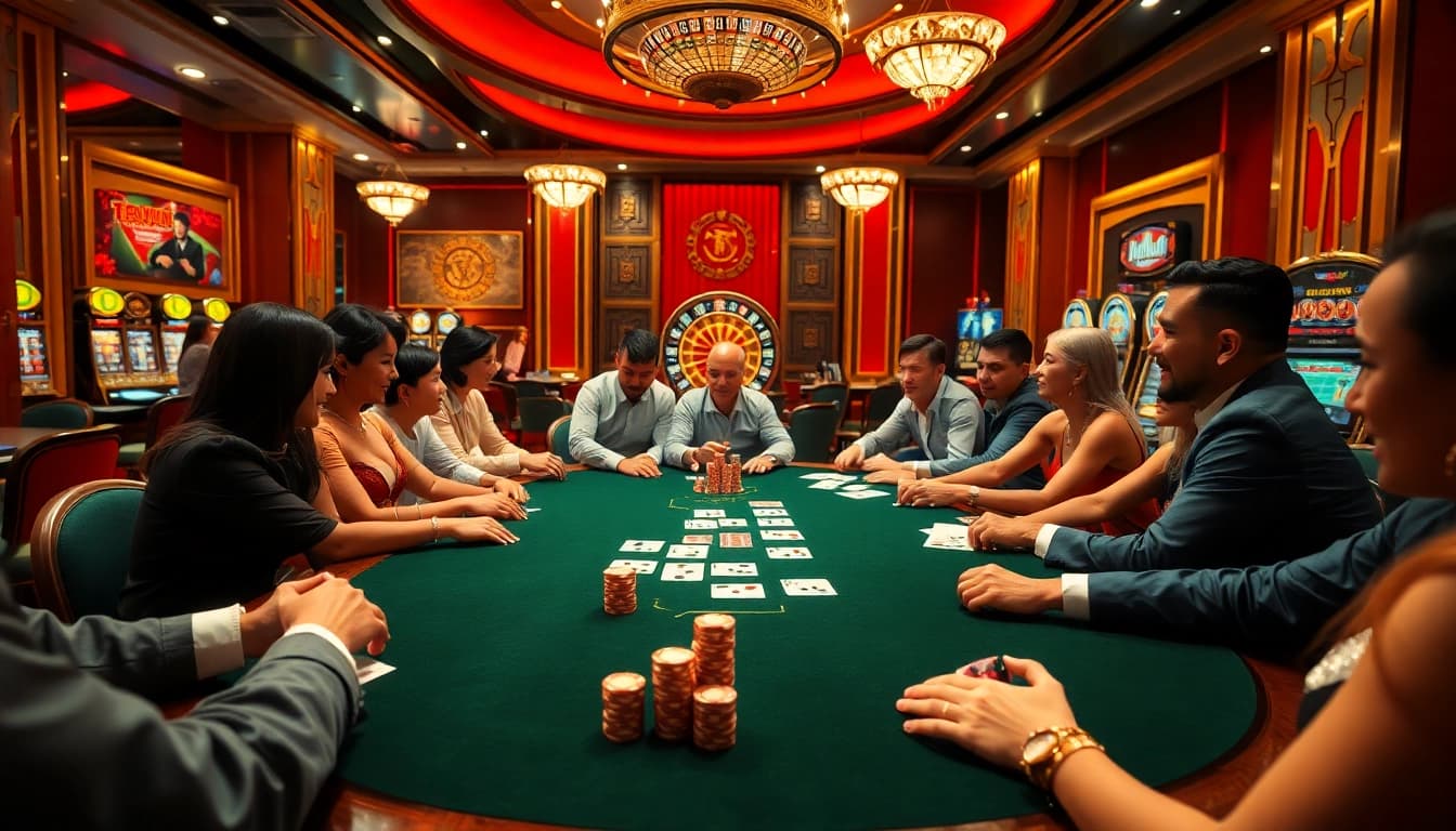 Intense poker game action at 789club casino table with chips and cards.