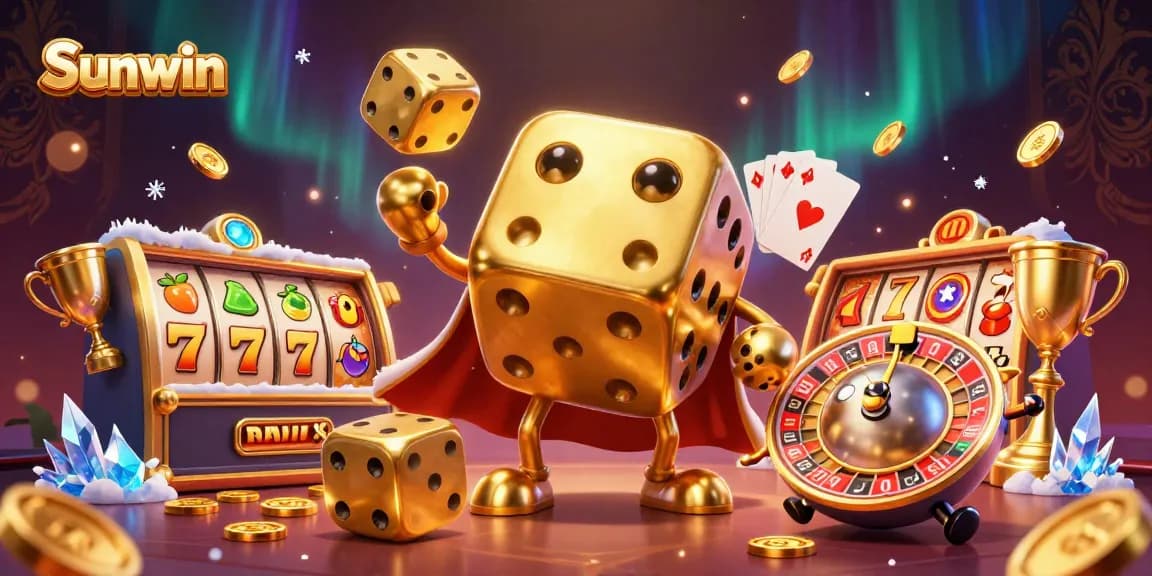 Experience thrilling gameplay at Sunwin with a vibrant 3D illustration showcasing dice, cards, and dynamic casino elements.