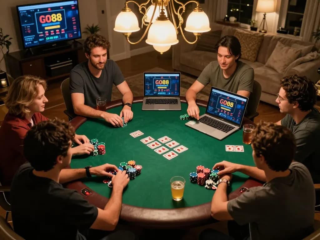 Friends enjoying a lively poker night using GO88 gaming app with colorful chips and cards visible on green felt.