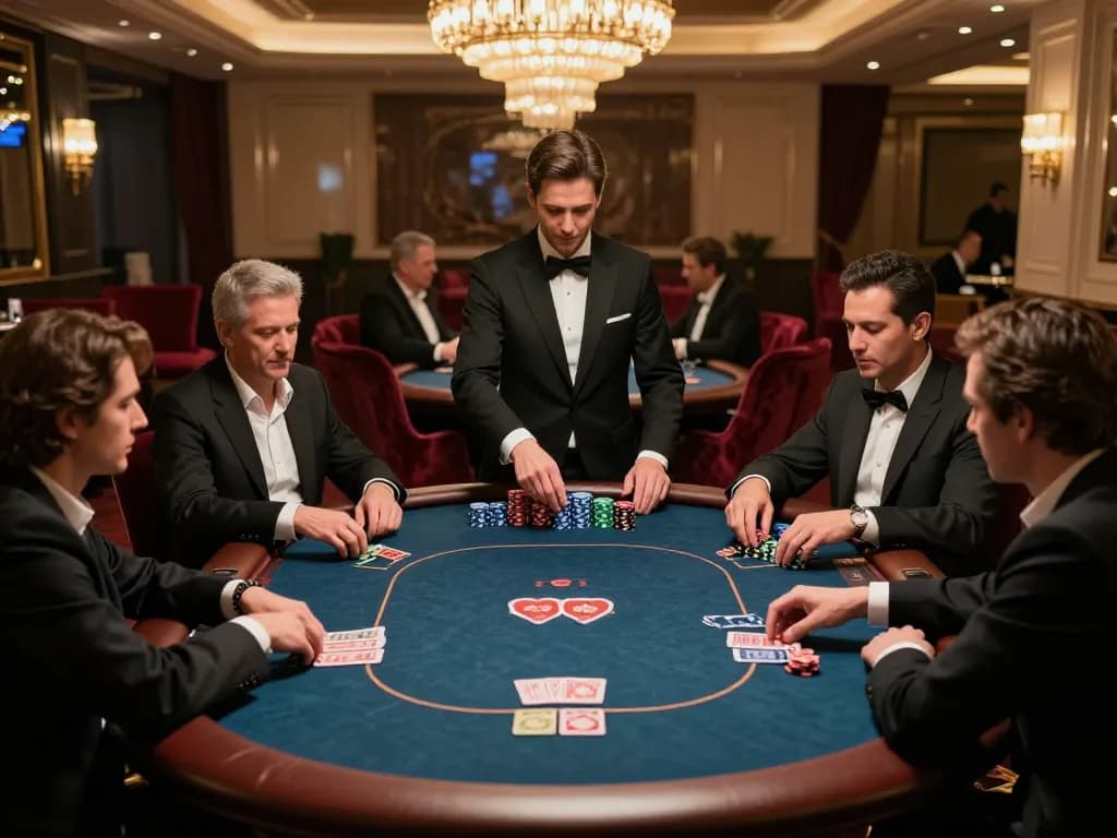 SV388 live poker game in upscale casino showcasing intense player engagement and elegant decor