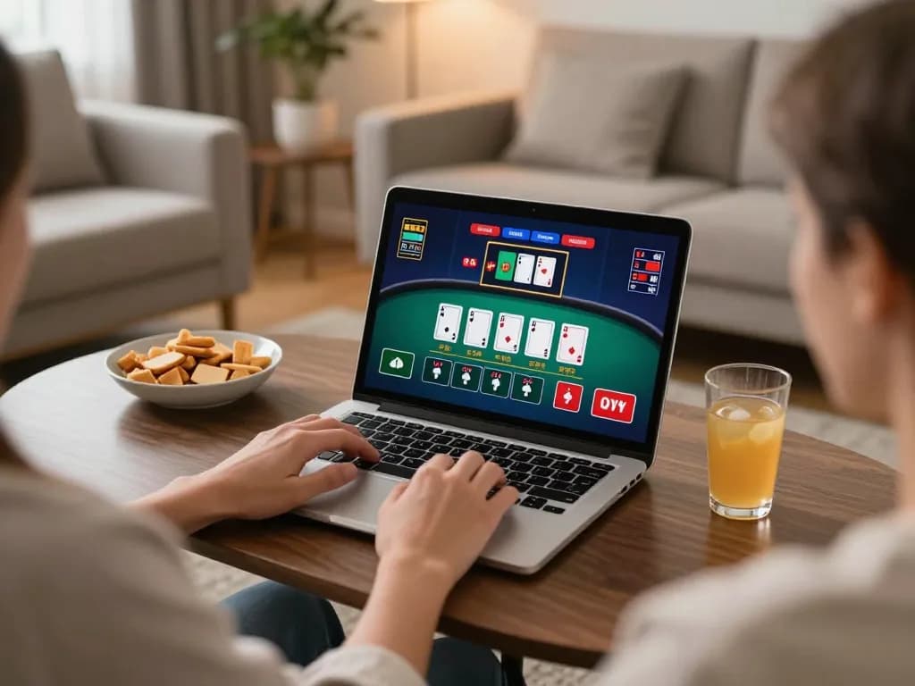 Player engaging in live dealer blackjack on a laptop at home, highlighting 98win9's online casino experience.