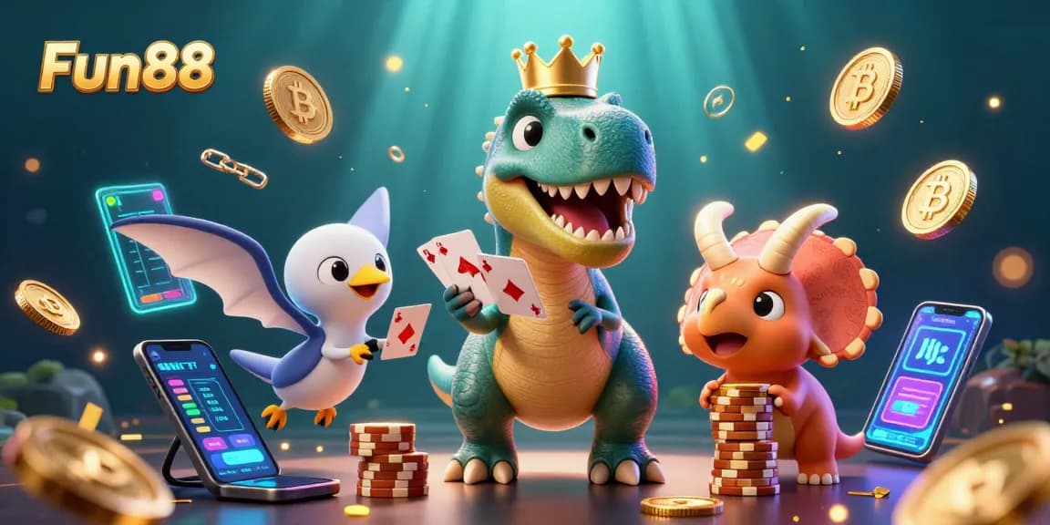 Engage in fun poker gameplay as Fun88 features a friendly T-Rex shuffling cards.