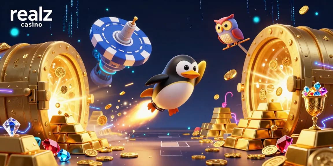 Engage with the thrill at realz casino as the golden penguin navigates through a vibrant 3D gambling universe.
