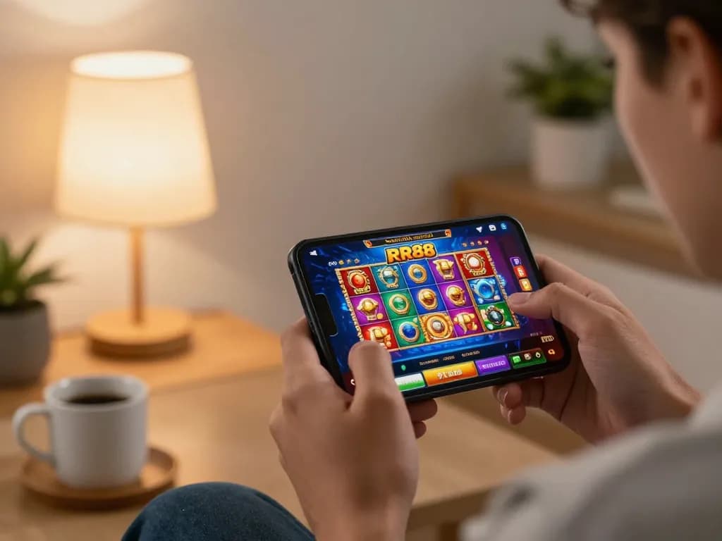 Player enjoying RR88 mobile casino app, showcasing vibrant slot game graphics in a cozy setting.