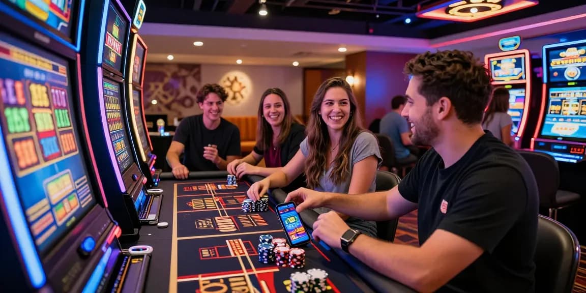 Spieler im Beef Casino mit Smartphone und Spielautomaten, lebhafte Casino-Atmosphäre.
