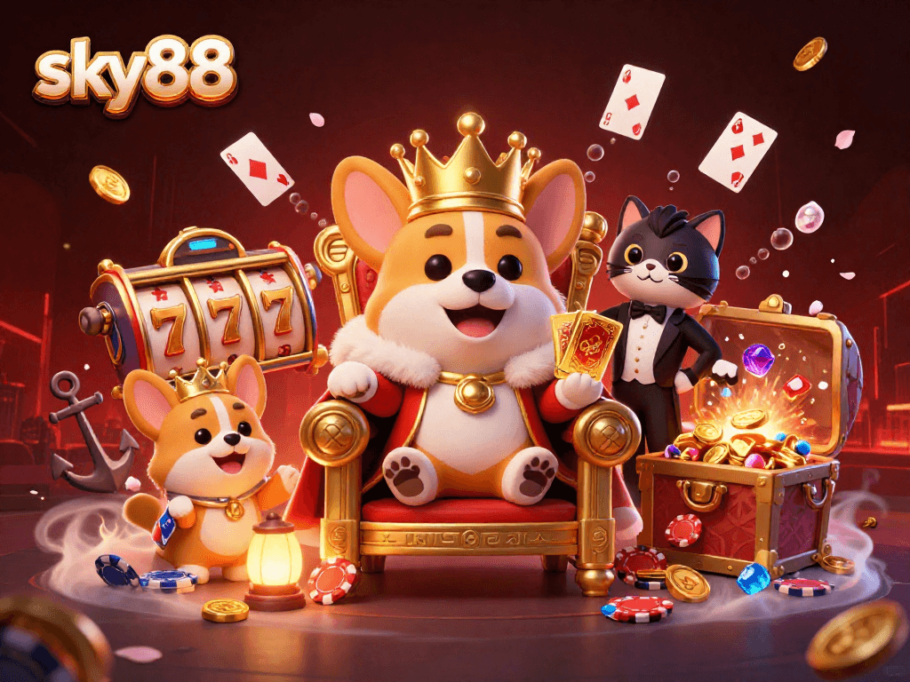 Experience the thrill of sky88 with a royal corgi on a poker chip throne surrounded by casino elements.