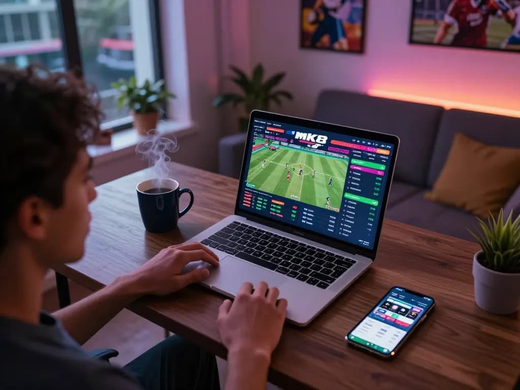 Experience live sports betting with mk8 on a sleek laptop during an exciting game