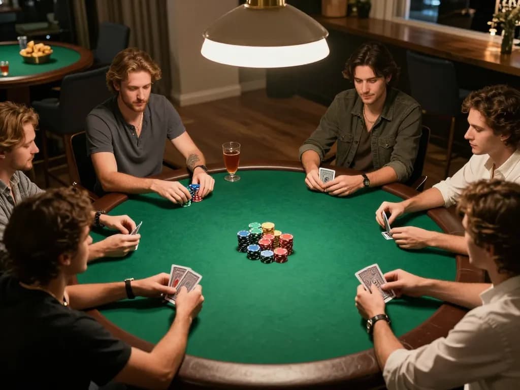 Engaged players at a poker night with cards, chips, and drinks emphasizing social gaming at uu88.com.
