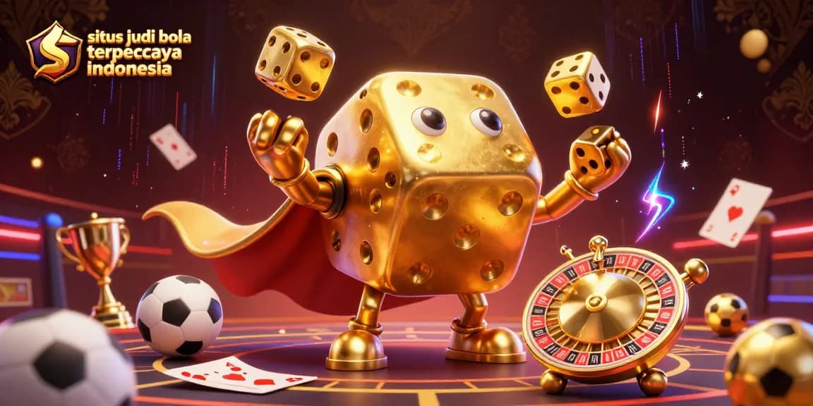 Engage with situs judi bola terpercaya indonesia, as a golden dice golem juggles betting elements in a vibrant sports scene.