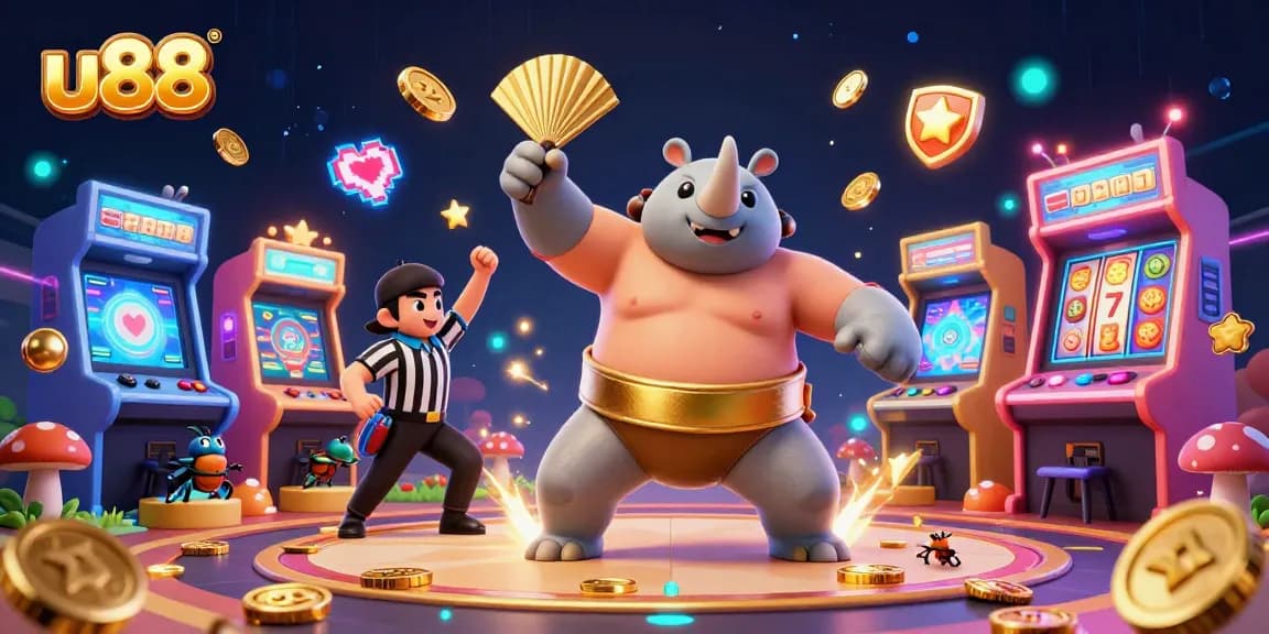 Experience thrilling gameplay at U88 with a colorful 3D illustration showcasing a beetle champion and casino elements.