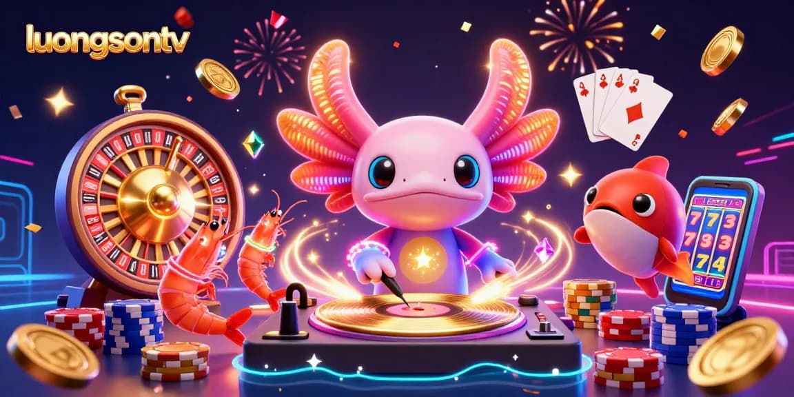 Watch luongsontv featuring colorful characters celebrating with dazzling gems, coins, and casino elements.
