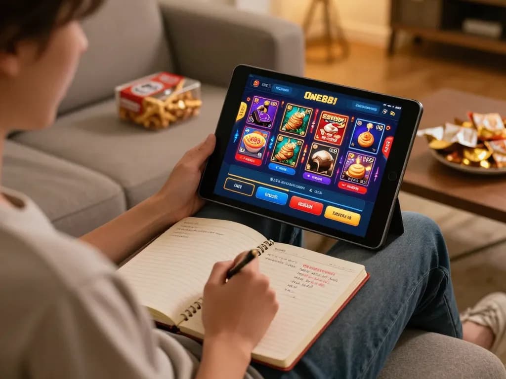 The ONE88 LINK platform showcased as a player enjoys exciting online casino games on a tablet in a cozy home setting.