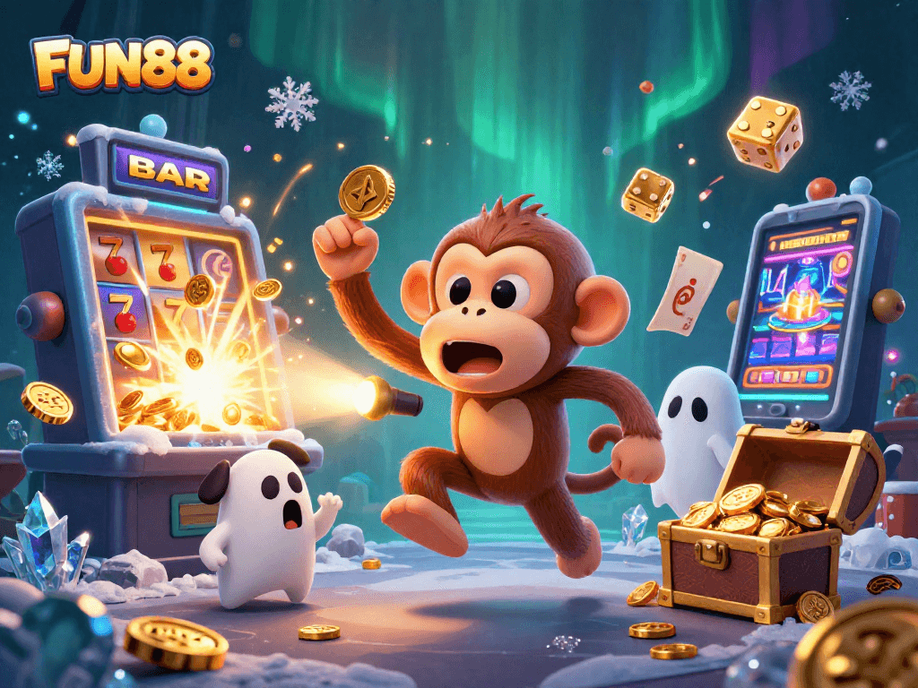 Fun88 gaming excitement illustrated with a playful spirit monkey and a ghost-hunter puppy in a casino environment.