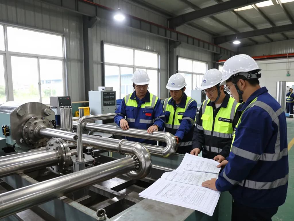 Engineers inspecting sumwin stainless steel pipes in a factory.