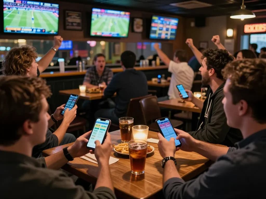 Engaged sports bettors using mobile apps to check tỷ lệ kèo nhà cái hôm nay during live events.