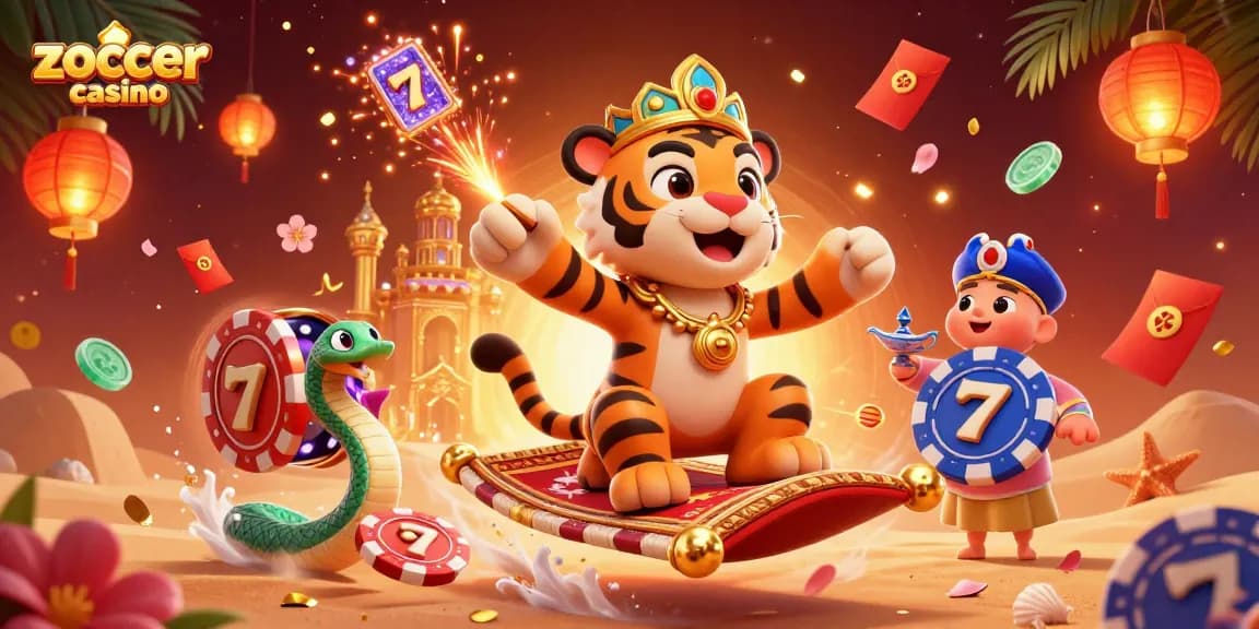 Zoccer casino showcases a vibrant 3D illustration of an Arabian Nights-themed tiger sultan on a flying carpet surrounded by dynamic game elements.