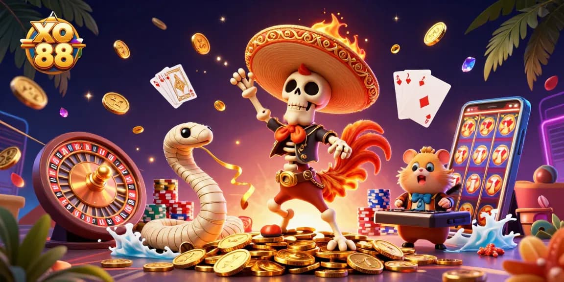 Experience the excitement of xo 88 with a lively scene featuring a mariachi rooster and casino elements.