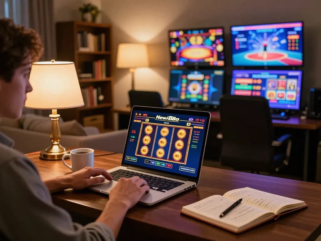Player engaging with online slots at New88 com from a stylish home setting.