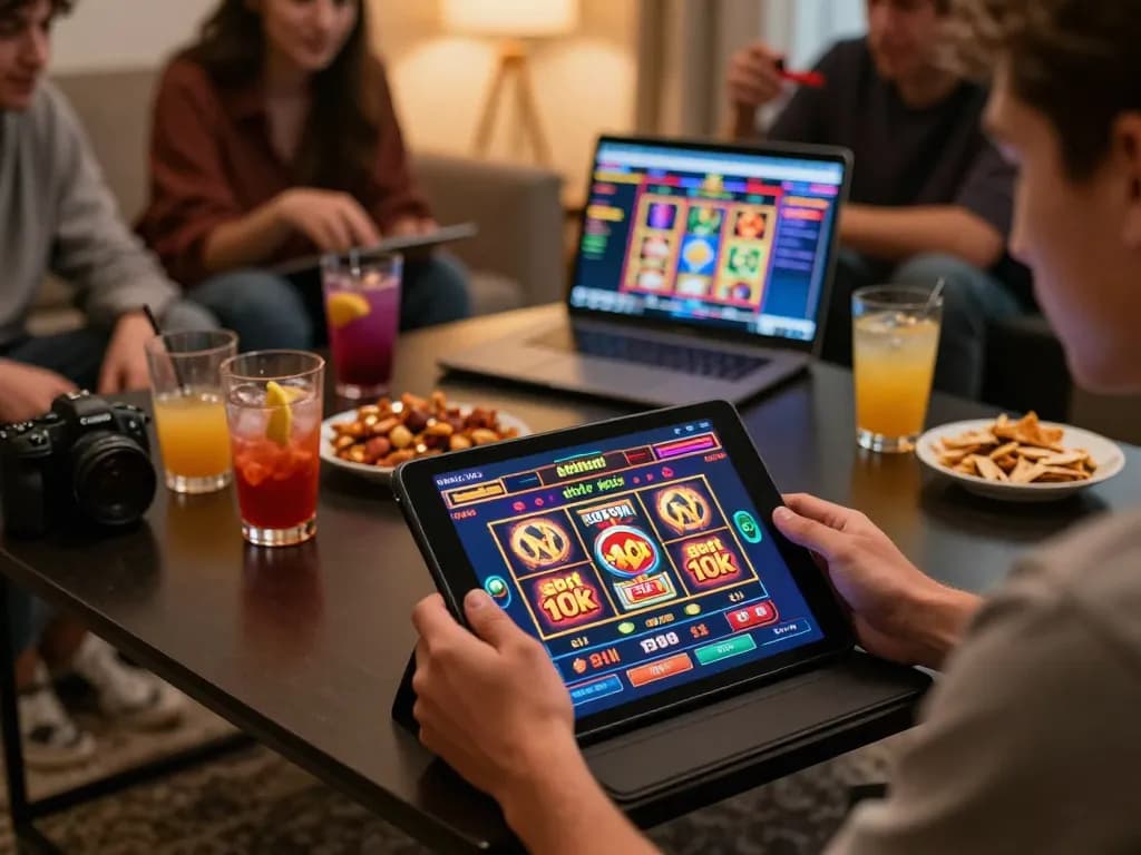 Engaging player enjoying slot depo 10k on a tablet during a lively home gaming night.