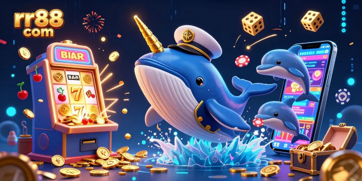 Experience excitement with rr88 com as a cartoon whale and narwhal swim through a jackpot of casino coins.