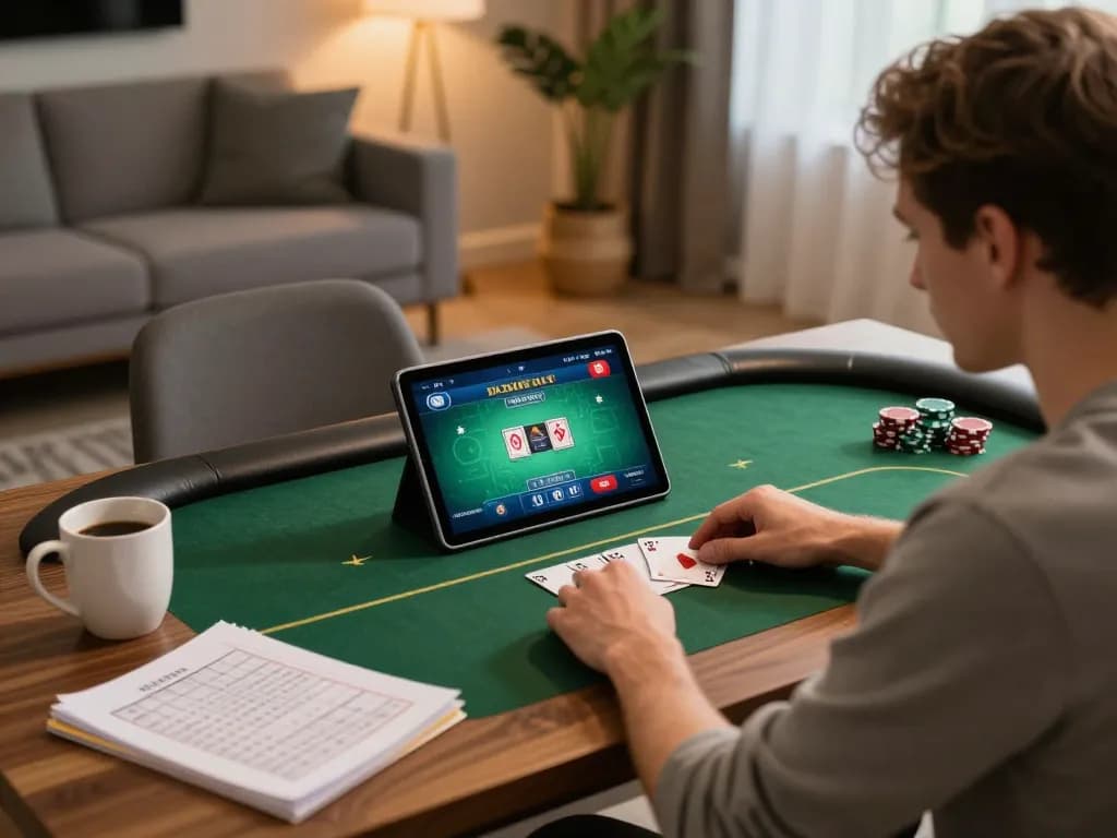 Player enjoying Sunwin online poker game on tablet, with strategy notes and coffee nearby.