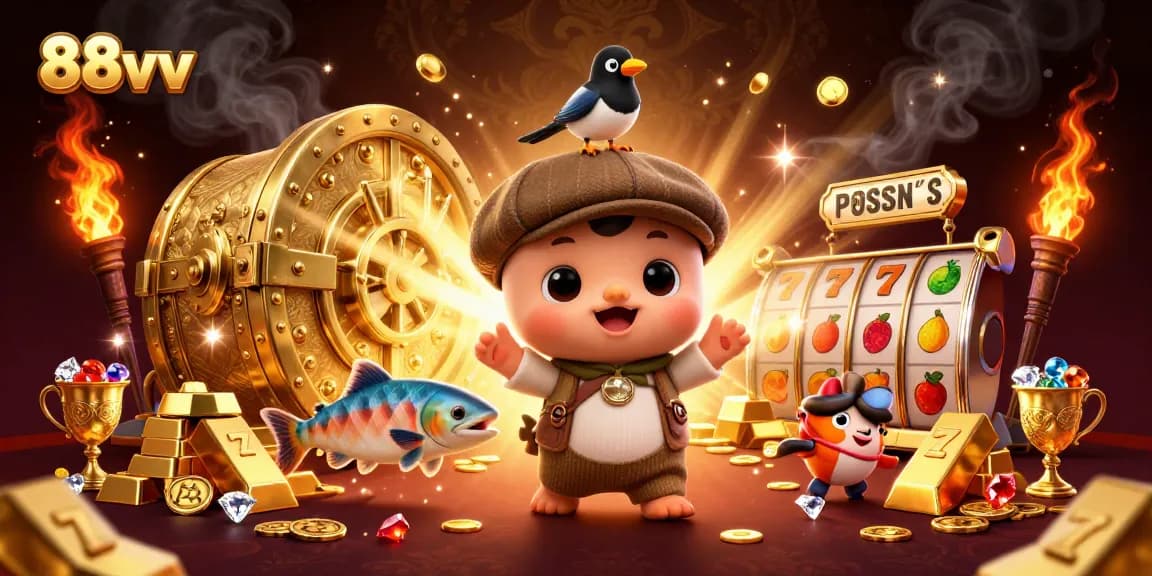 Engage with 88vv's vibrant gambling scene, featuring a playful Nessie among treasures and slot elements.