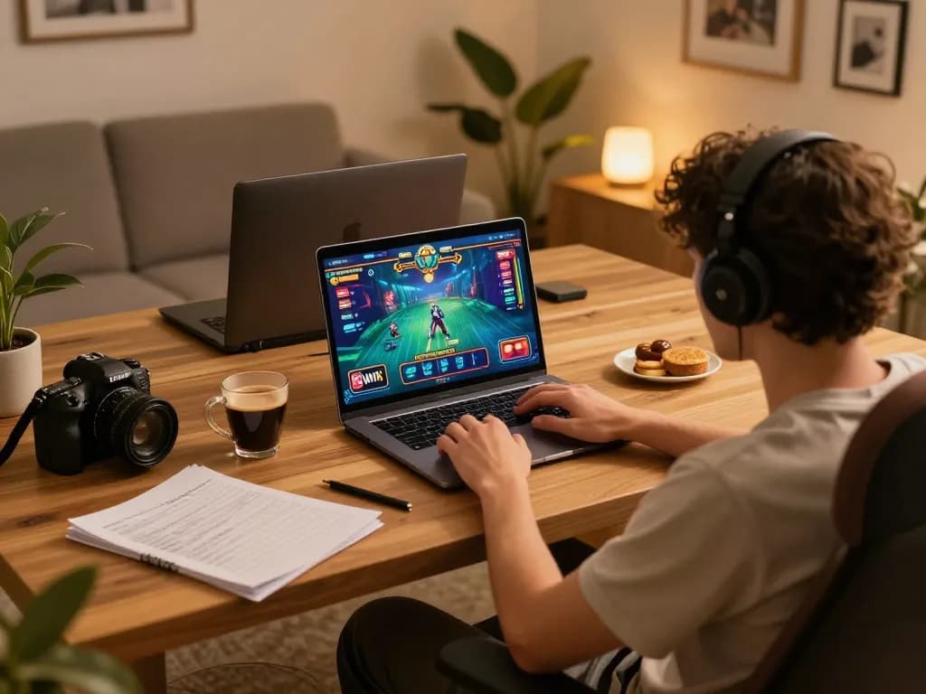 Engaging with Kwin online casino gaming on a laptop, showcasing vibrant game graphics and strategy notes.