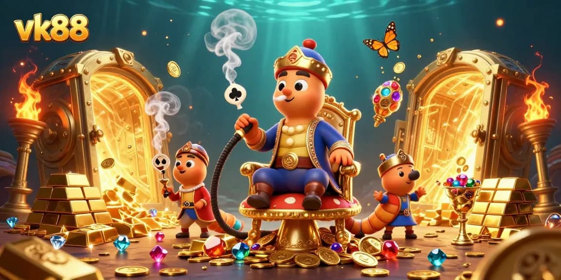 Experience thrilling gameplay at vk88 with a vibrant 3D casino scene featuring fun characters.