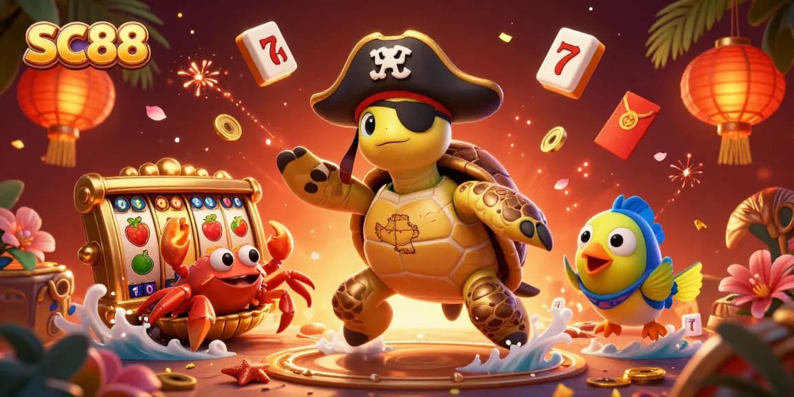Engage with SC88's thrilling slots, featuring a pirate turtle and vibrant casino elements.