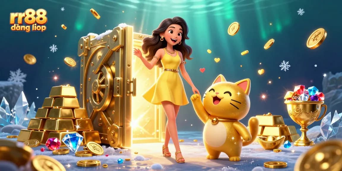 Play slots with rr88 đăng nhập as a lively Asian woman interacts with a cute lucky cat, surrounded by treasures.