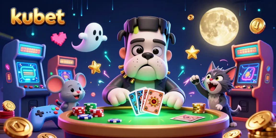 Experience kubet gaming with lively characters, cards, and casino elements in this engaging illustration.