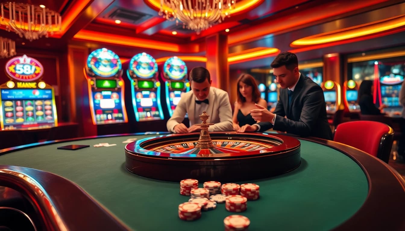 Engaged players enjoy a vibrant casino scene at 58win com, featuring roulette and poker games.