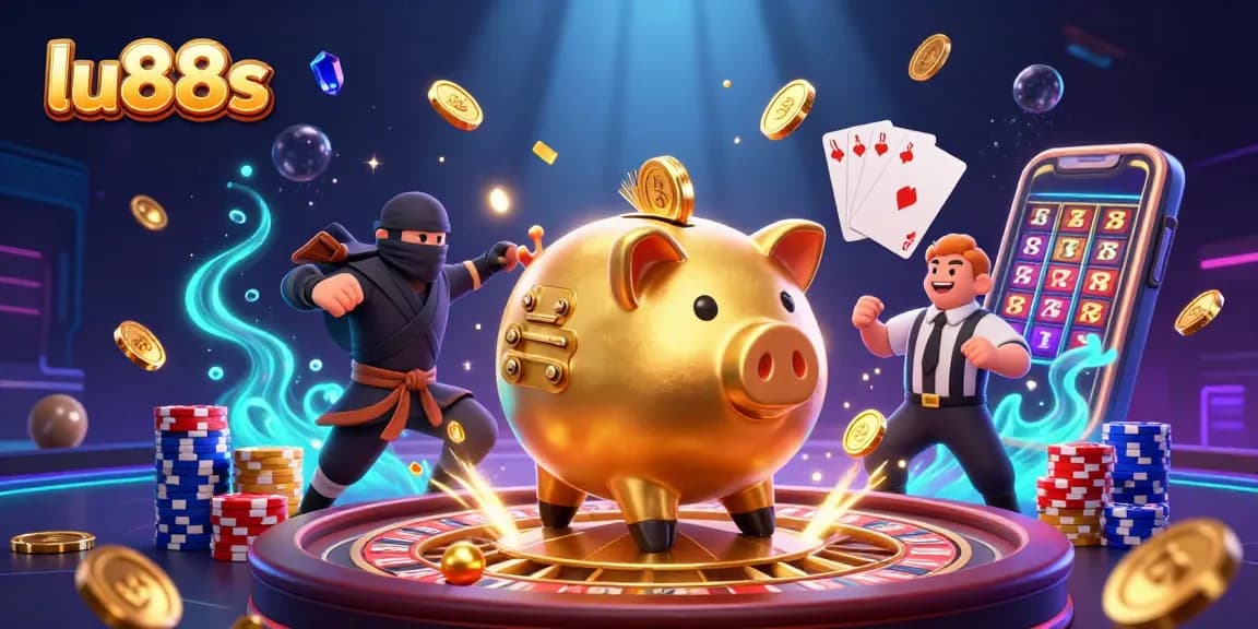 Experience thrills at lu88s with a dynamic gaming scene featuring a piggy bank sumo wrestler!
