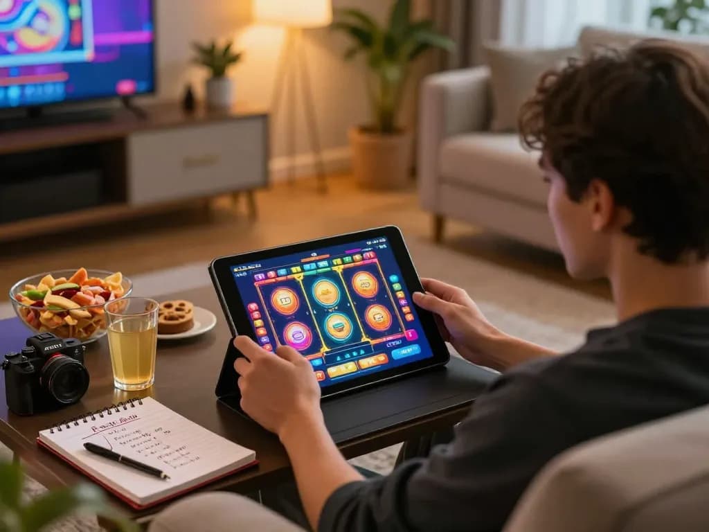 Engaging in online gaming at https://98winn.net/, showcasing dynamic gameplay and a cozy home environment.