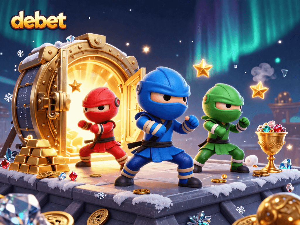 Experience thrilling gaming adventures with debet's vibrant casino elements in a dynamic 3D scene.