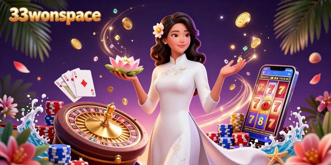 Engage with 33winspace through this vibrant casino scene featuring a graceful Asian woman amidst cascading gold coins and live gaming elements.